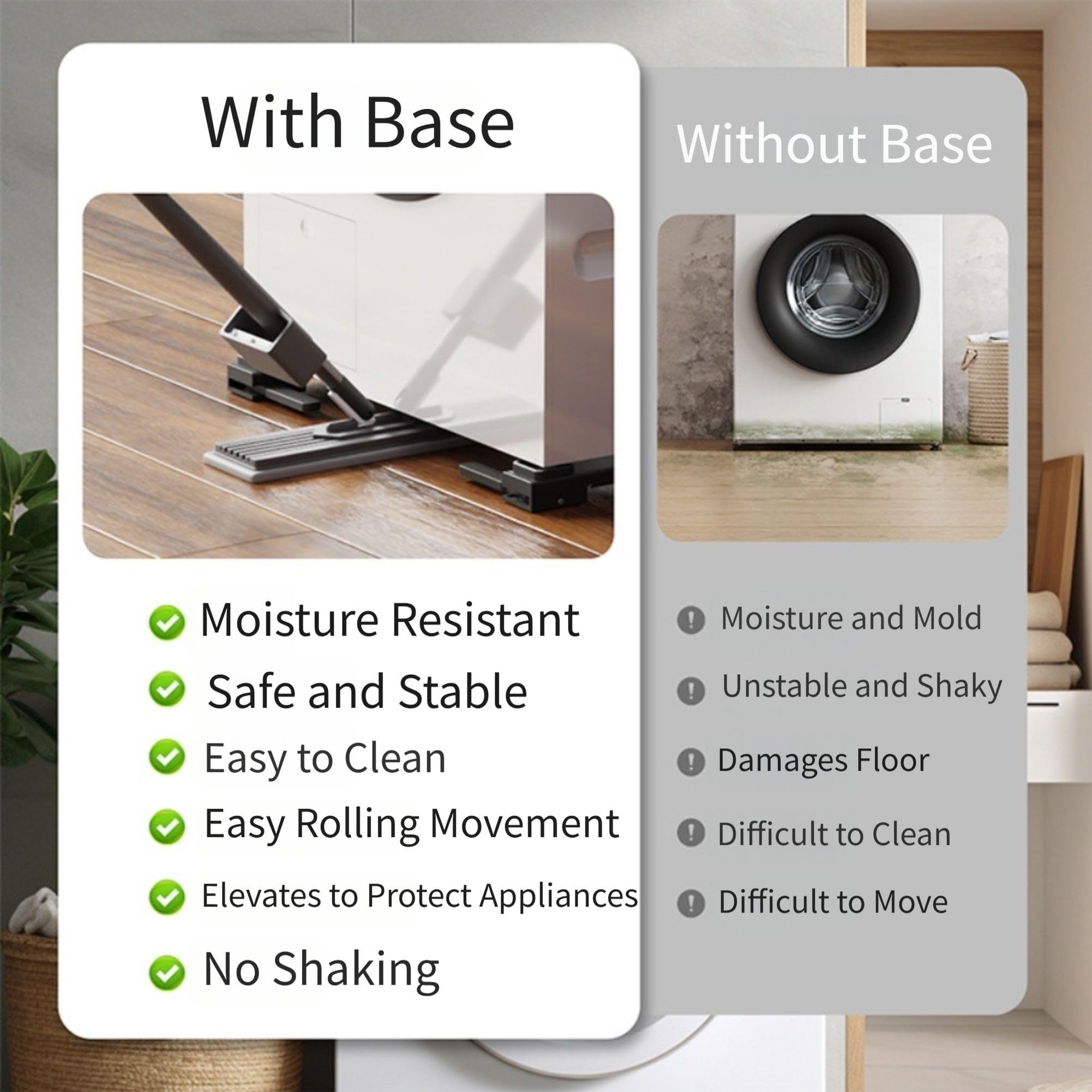 Base per lavatrice con Ruote Regolabile 40-62cm Anti-Vibrazione(White) | Regolabile 40-62cm, altezza 11cm, riduce sforzo schiena, adatto frontali e superiori, o nero