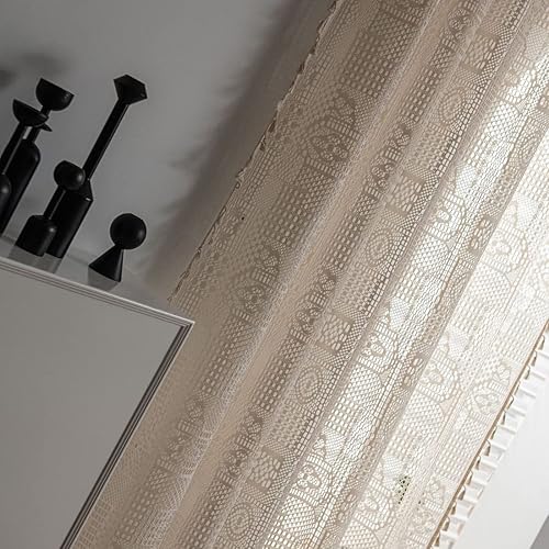 Miniatura 6 de vctops Panel de cortina de encaje de ganchillo de algodón con borlas y bolsillo para barra, cortinas huecas semitransparentes para dormitorio y sala