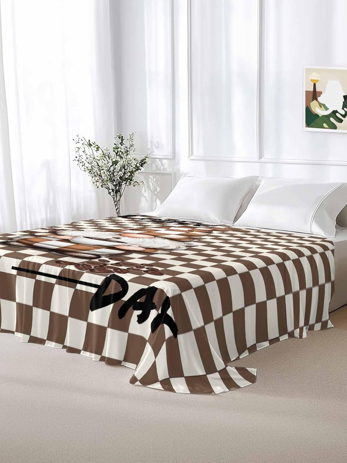 Top Sheet Queen Bedding Flat Sheet Only, Gnome Coffee Beans Microfiber Bed Sheets Soft Breathable Bedding Flat Sheets, Classic Brown Buffalo Plaid Hotel Luxury Top Sheets