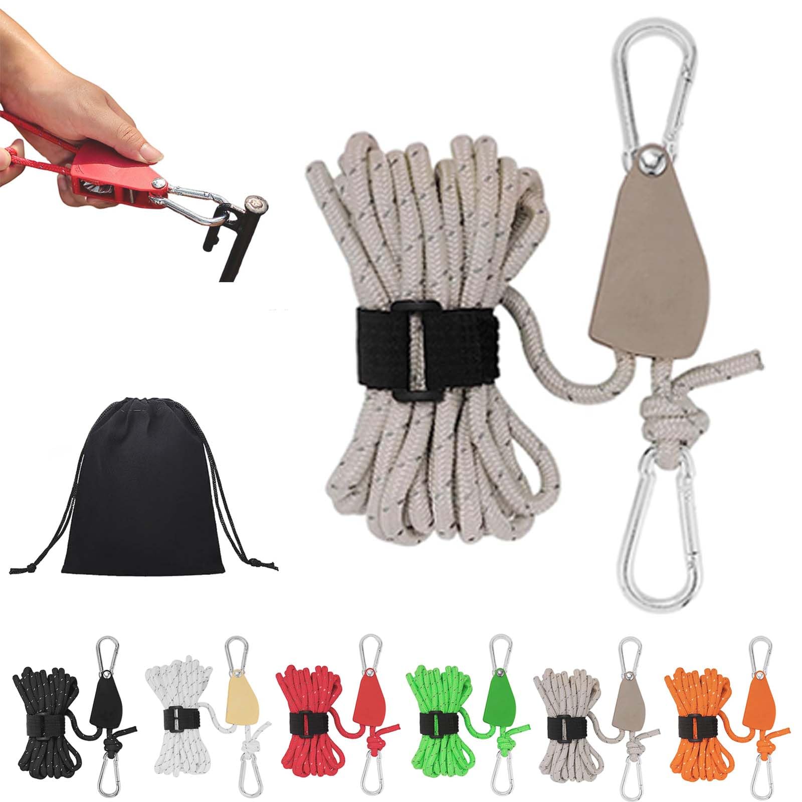 Gienslru Khaki Portable Adjustable Fix Camping Rope, Camping Rope With Ratchet Pulley, Portable Adjustable Fix Tent High Strength Fast Release Pulley Camping Rope For Tent Tarp, Canopy Shelter (16.4Ft/5M, )