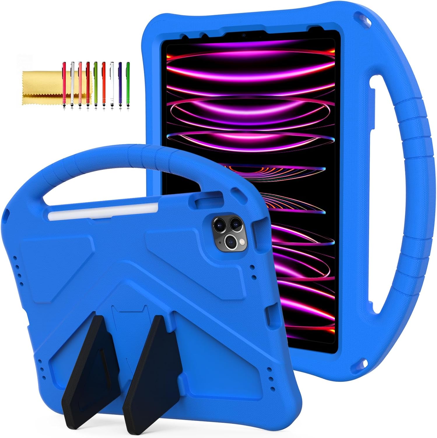 Kids Case for iPad Pro 11" 2022/2021/2020/2018, iPad Air 5th/4th Generation With Pencil Holder, Lightweight Shockproof EVA Foam Handle Stand Anti-Slip Grip Rugged, Blue