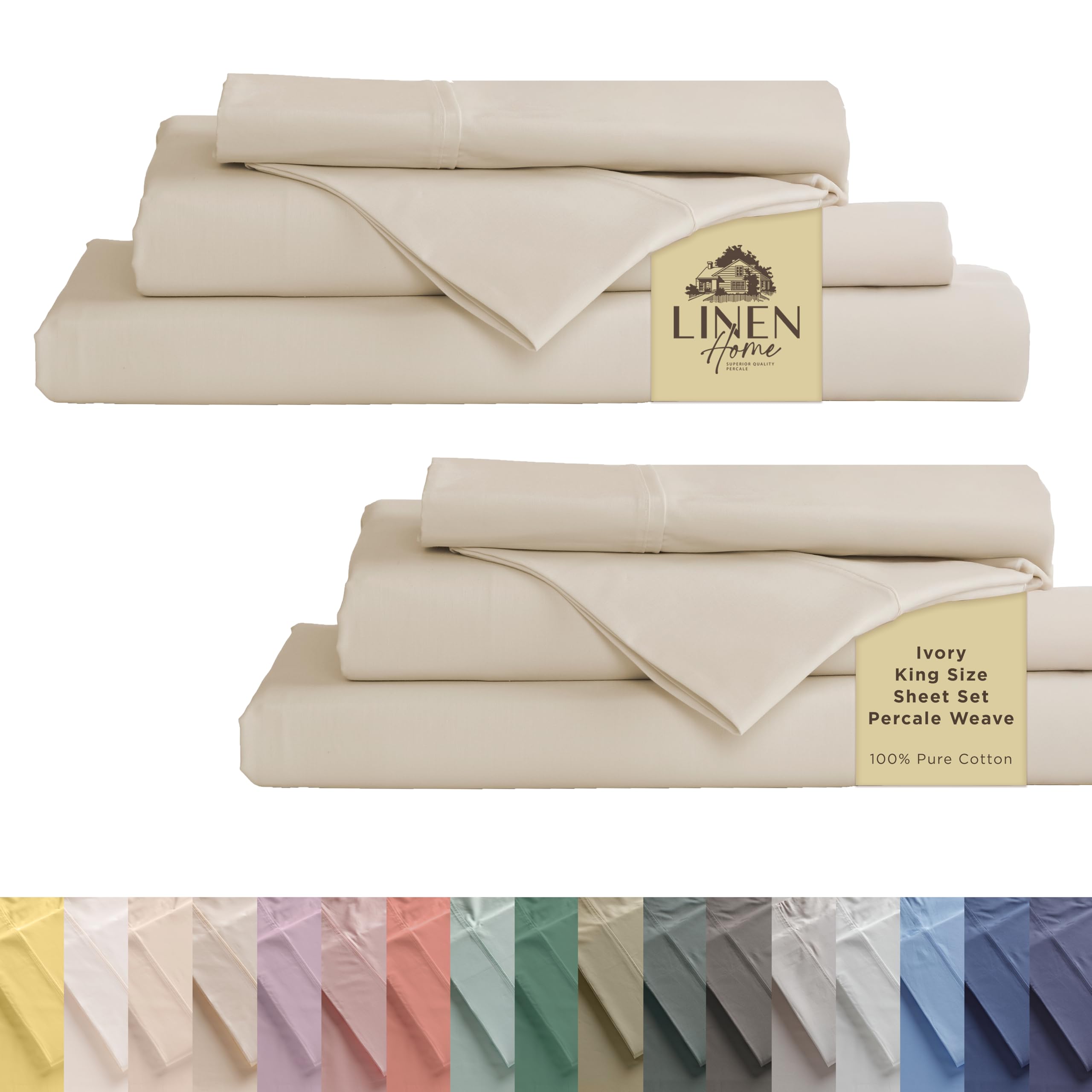 Linen Home 2-Pack King Sheet Set, 100% Cotton Percale Bedding, 8-Piece Value Bundle, Deep Pocket Cooling Bed Sheets for Hot Sleepers, Breathable &amp; Crisp Hotel Quality, Long-Staple Cotton, Ivory