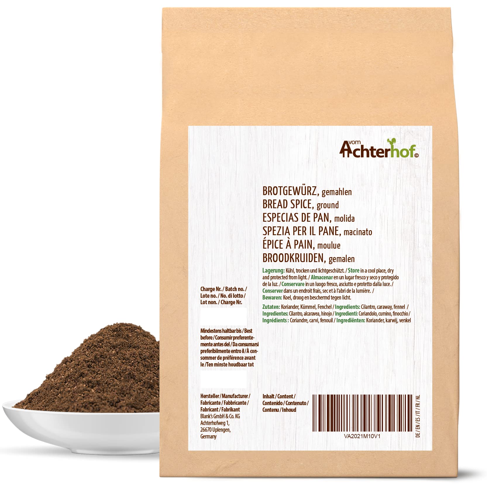 Especia para pan molida 100g con alcaravea hinojo cilantro sin potenciador del sabor Achterhof