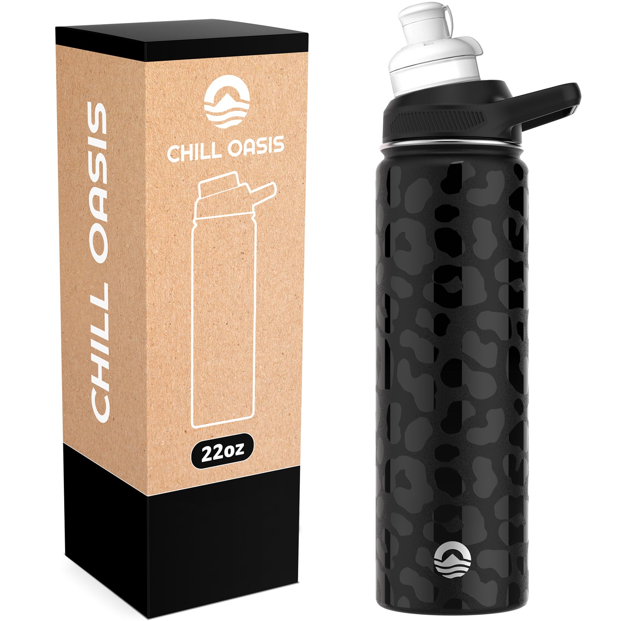 Water Bottle | Compatible With Popular Flavor Cartridges | BPA Free, Leak Proof, Double-Walled Vacuum Insulated Stainless Steel, and Dishwasher Safe | Cold for 24 Hours (Leopard, 22oz)