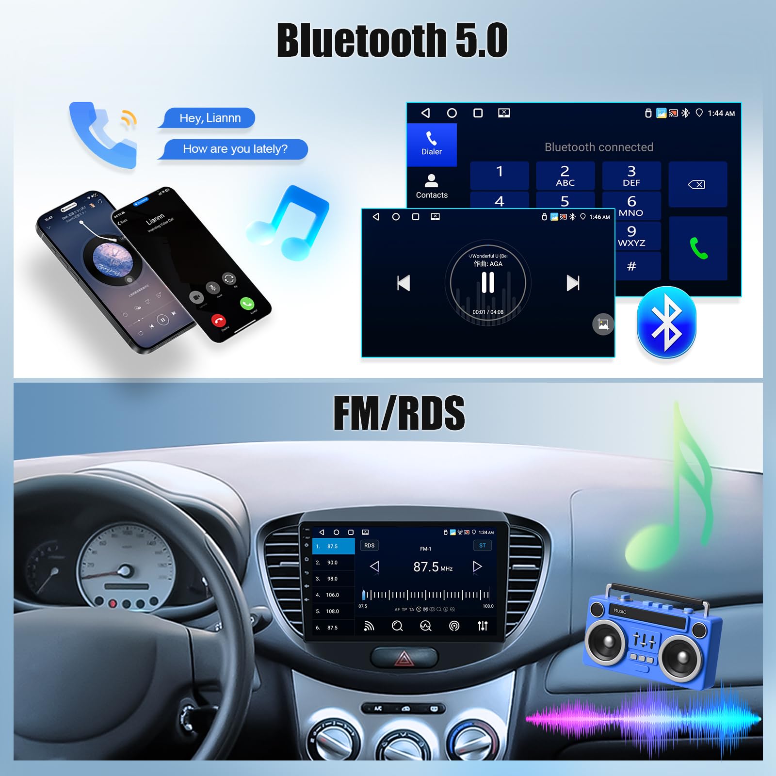 OiLiehu 4+64G Android 13 Autoradio für Hyundai i10 2007-2013 Doppel Din Radio Carplay Android Auto Autoradio Mit Bildschirm 9 Zoll mit Mirror Link Bluetooth FM RDS GPS WiFi SWC EQ+Rückfahrkamera