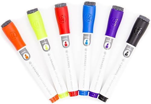 U Brands Marcadores de borrado en seco de punta fina con borrador, marcadores de pizarra blanca con punta de cincel, poco olor, colores surtidos,