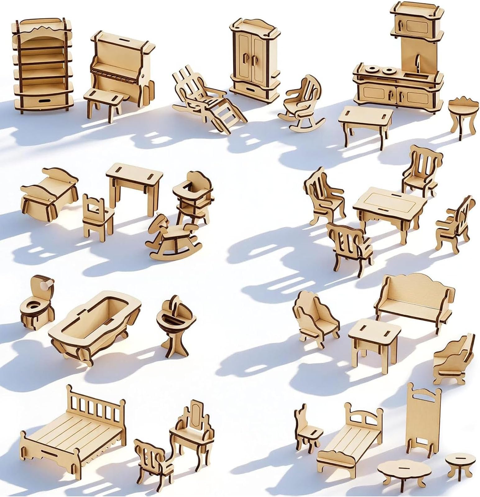 LOVEINUSA 34 PCS DIY Wooden Dollhouse Furniture Set, 1:20 Scale Miniature Room Accessories for Kitchen Living Room Bathroom for DIY Crafts Project