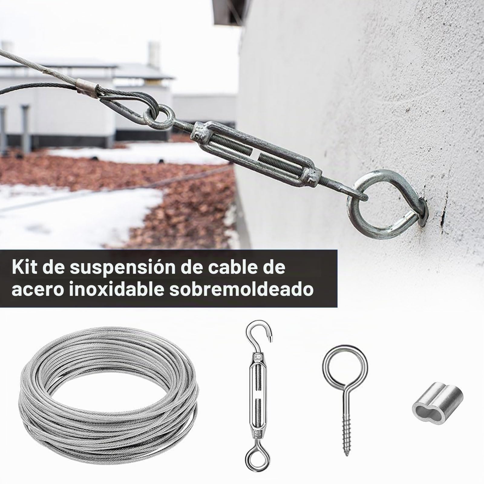 Cable de Acero Plastificado 3 mm, Fabricado en Acero Inoxidable, con 30 Metros de Longitud, Incluye Tensores de Cable de Acero, para Luces de Cadena, Tendederos y Cuerdas para Colgar Cortinas