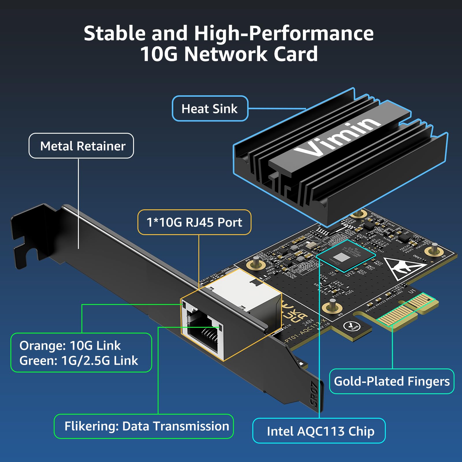 Tarjeta de Red 10G PCIE4.0×1, Controlador Marvel AQC113, Tarjeta adaptadora Ethernet 10Gb Base-T Compatible con PCI Express X1, X4, X8, X16, conexión RJ45 10G Nic para Windows/Windows Server/Linux
