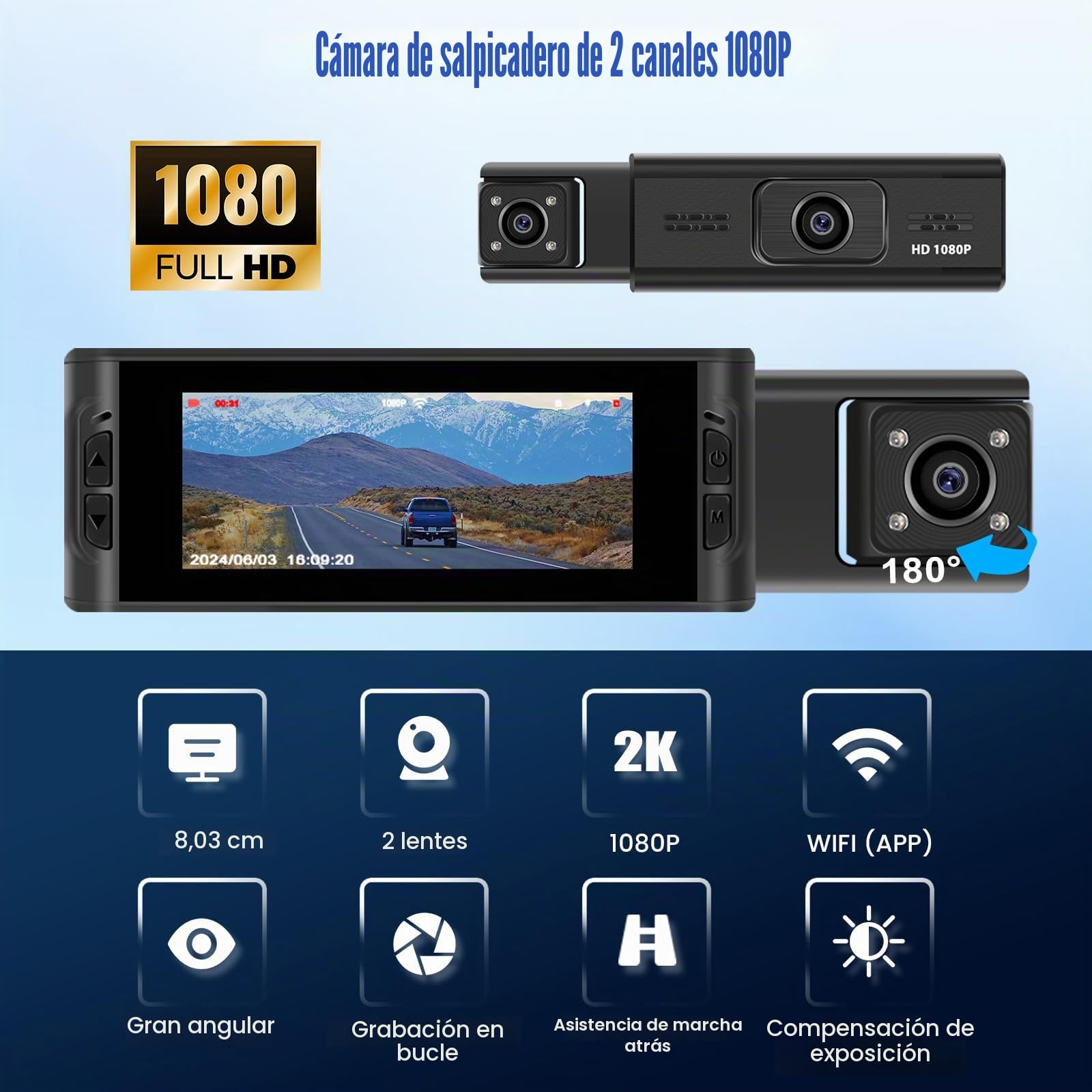 CAMECHO 3.16" Dashcam para coche, delantera e interior, cámara de coche Full HD 1080P, lente doble ajustable, cámara de salpicadero para coche, detección de movimiento, gran angular de 150°, grabación