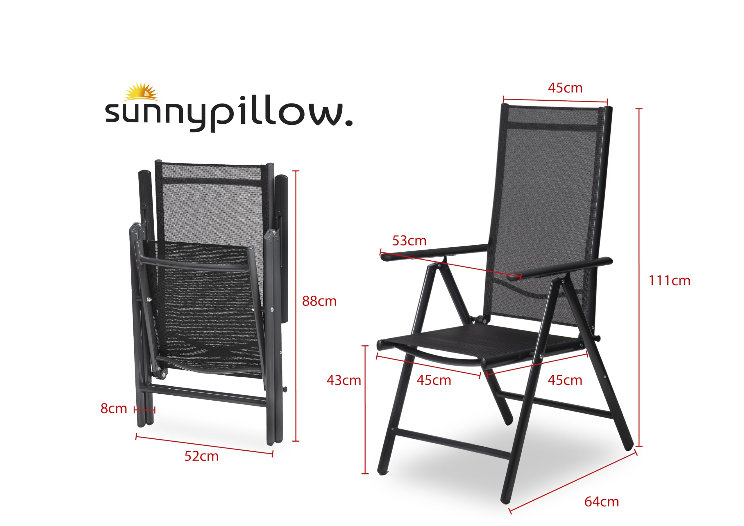 sunnypillow Gartenstuhl Hochlehner | klappbar 8-Fach verstellbare Rückenlehne mit Armlehnen | 120 kg belastbar | Aluminium Klappsessel Klappstuhl für Garten Balkon Terrassen wetterfest | Anthrazit