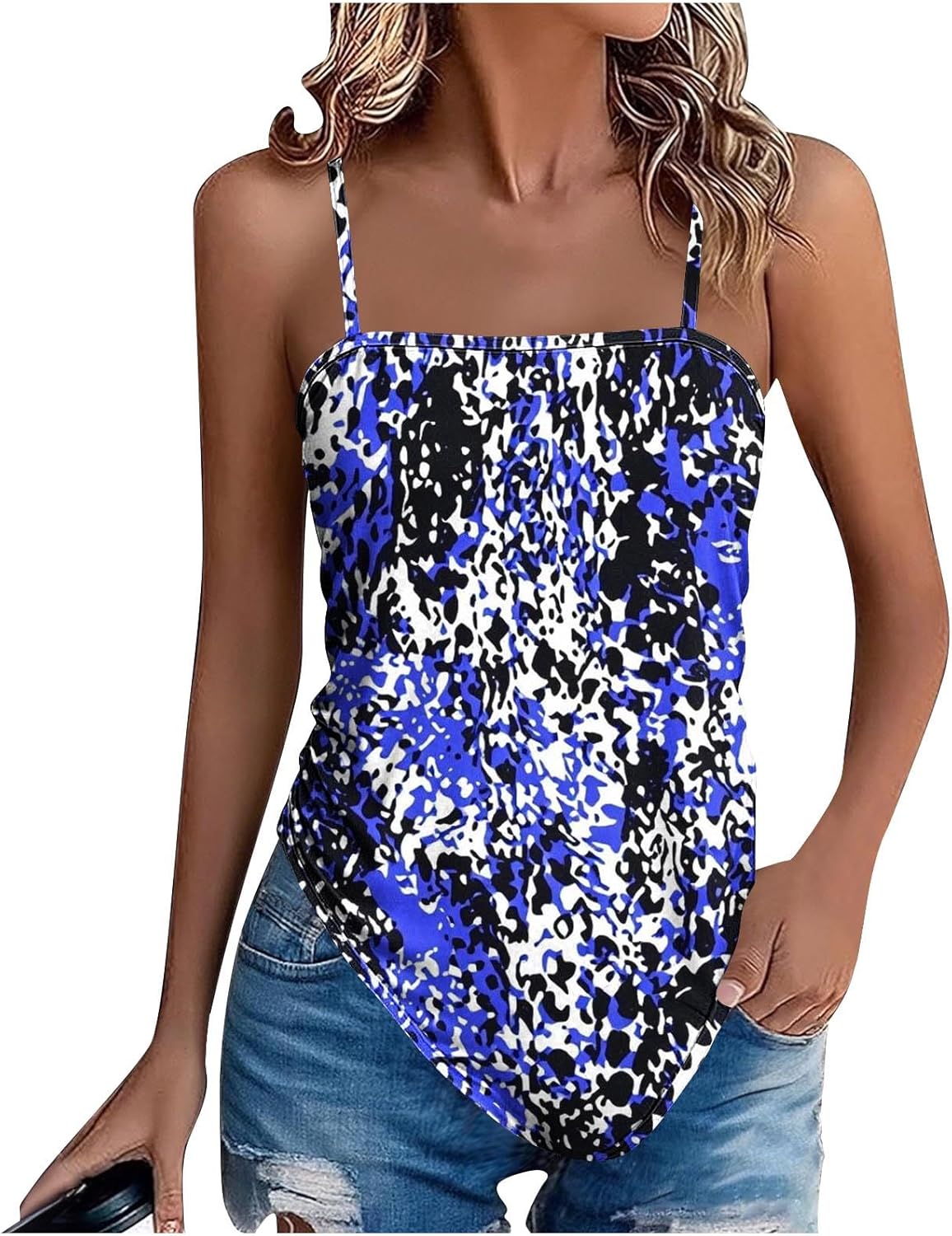 Boho Tank Tops for Women Floral Print Hanky Hem Summer Camisole Spaghetti Strap Sleeveless Loose Casual Beach Cami Top