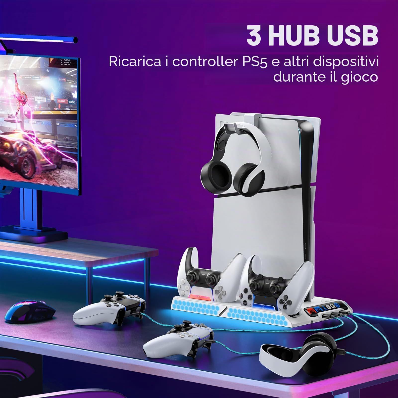 Supporto P5 di Raffreddamento per PS5/PS5 Slim con Regolazione Automatica, Supporto P5 Slim con Ventola di Raffreddamento a 4 Stadi, Accessori PS5 per Controller Originali/Edge