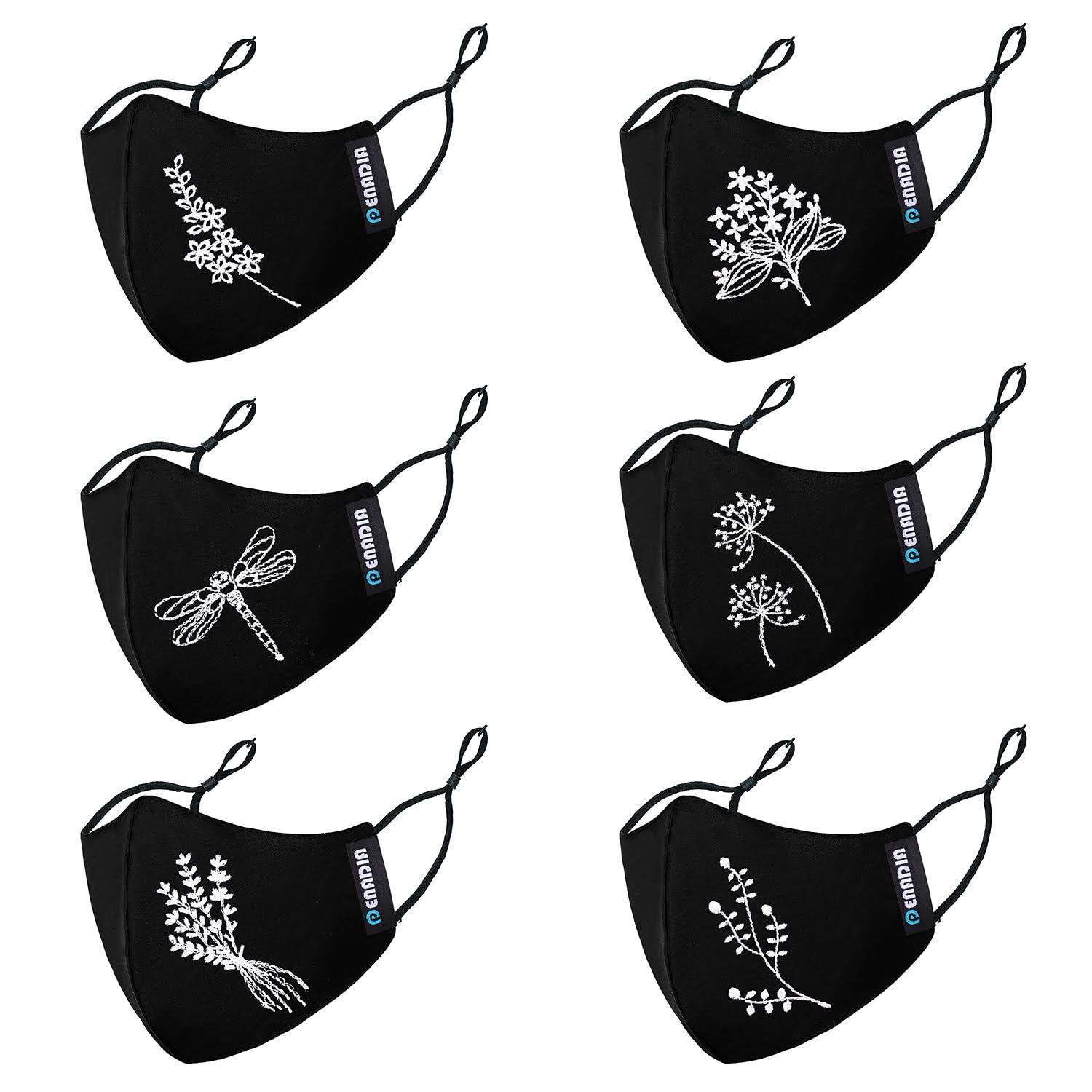 PENADIA Black Embroidered Cotton Cloth Face Mask Combo for Women, Girls 4 Layer Washable, Reusable With Adjustable Ear Loops PACK OF 6