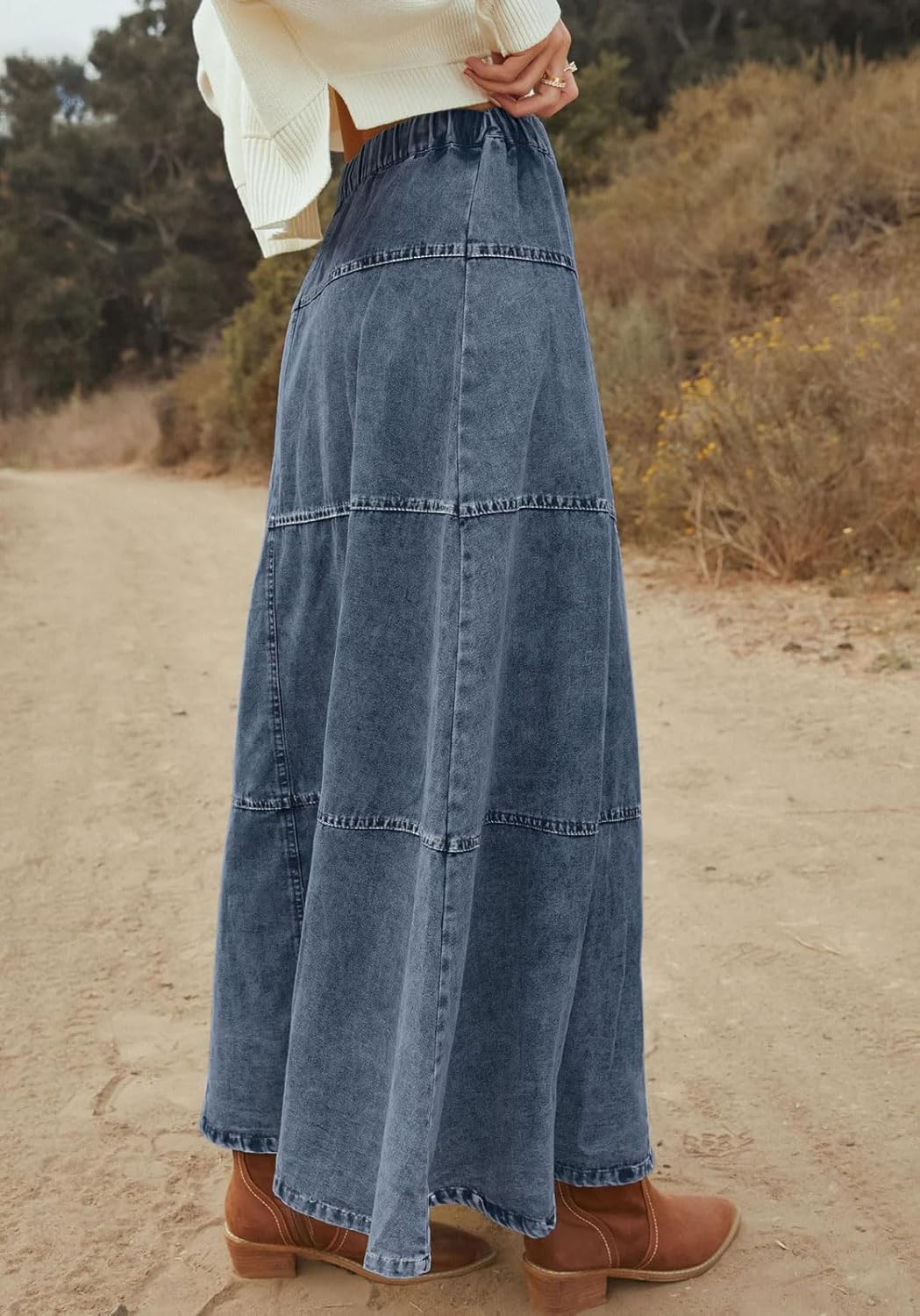 loveimgs Women Casual Denim Maxi Skirt Elastic High Waist Tiered A Line Long Jean Skirt Y2k Western Patchwork 2025 - Image 4