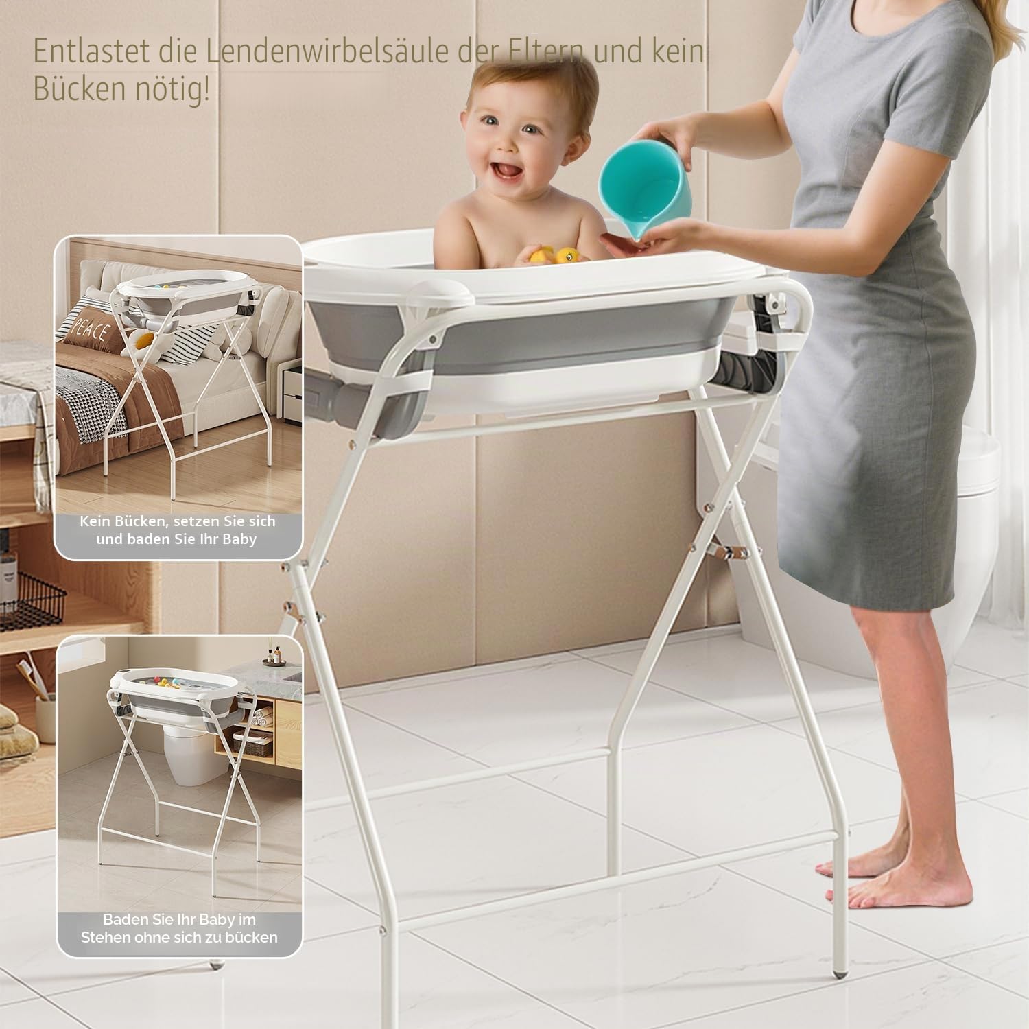 UBRAVOO Faltbare Babybadewanne – Ständer + Thermometer + Badekissen, Für Neugeborene bis 12 Monate (Grau)