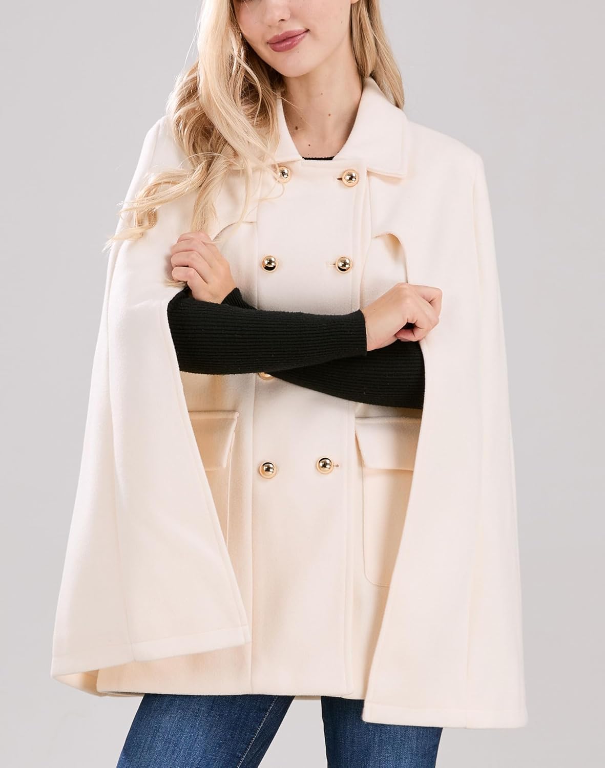 CHARTOU Women's Elegant Poncho Double-Breast Slit Sleeve Flowy Wool Blend Cape Cloak Coat - Image 3