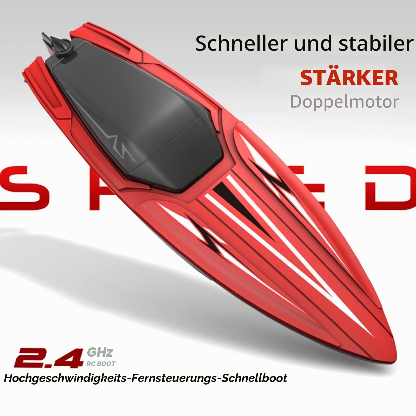 BuyWeek Ferngesteuertes Boot, 2,4 GHz 4 Kanal Doppelmotor RC Rennboot 30 Km/H Hochgeschwindigkeit Wasserdicht Motorboot Ferngesteuert für über 14 Jahre Kinder Erwaschene (Rot)