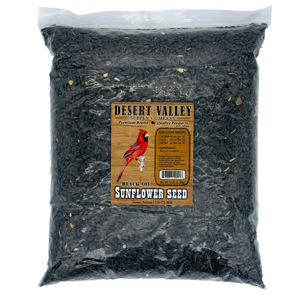 Desert Valley Black Oil Sunflower Seed, All Natural, Non-GMO Premium Wild Bird and Wildlife Food for Cardinals, Dove, Jays, Squirrels, and More (5 Pounds)