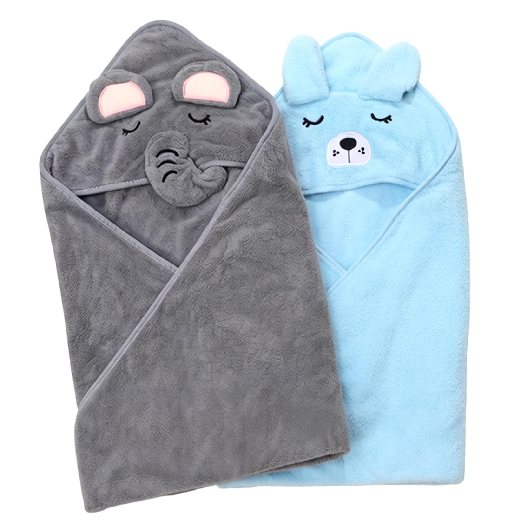 Toallas de baño con capucha pack de 2 capas absorbentes para ducha de bebé azul y gris 80cm