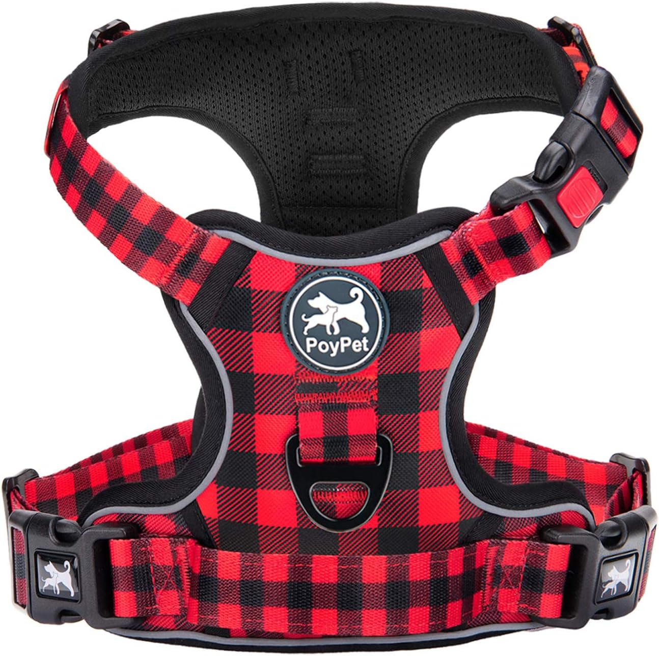 PoyPet No Pull Dog Harness, [Release at Neck] Reflective Adjustable No Choke Pet Vest with Front & Back 2 Leash Attachments, Soft Control Training Handle, XS