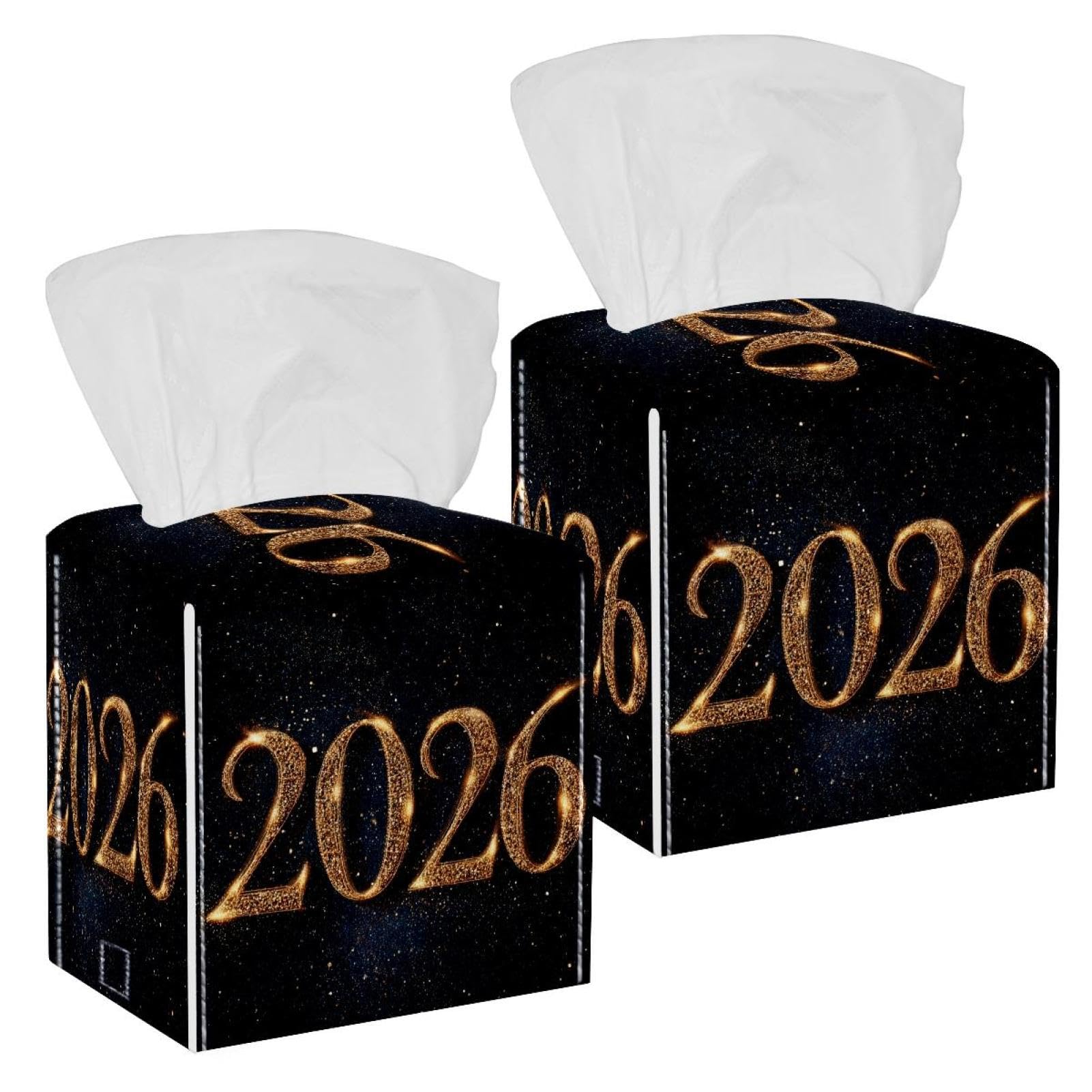2 Pack Happy 2026 Tissue Box Cover Holder Square Tissue Foldable Cube Cover PU Leather Tissue Organizer with Bottom Belt for Bathroom, Tabletop, Car, Night Stands, Office