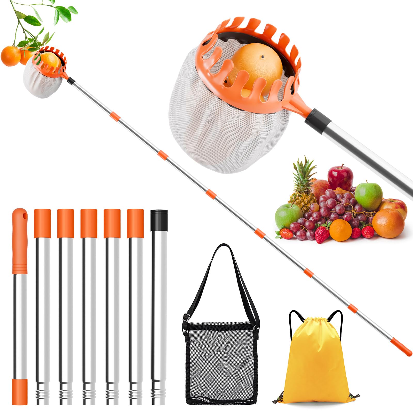 InemzTal 2.2M Apple Picker with Telescopic Handle,Diameter 6.3'' with Storage Bag,Fruit Picker Tool Fruit Plough for Cherry