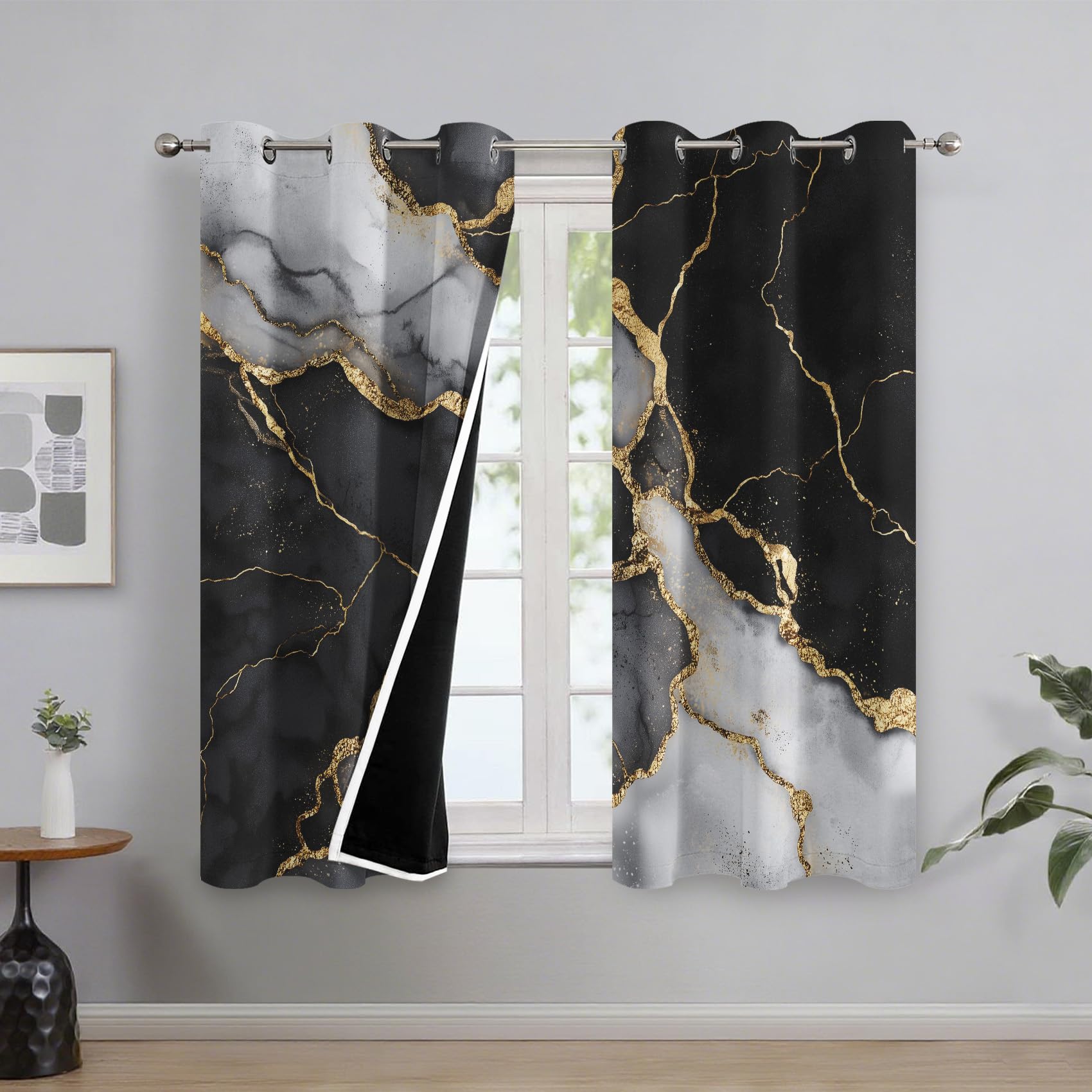 Generisch Schwarz Gold Marmor Vorhänge Wohnzimmer, Vorhang Blickdicht Moderne Abstraktion Gardinen mit Ösen Schlafzimmer, Thermo Verdunklungsvorhänge 2er Set H160 x B140 cm pw&33