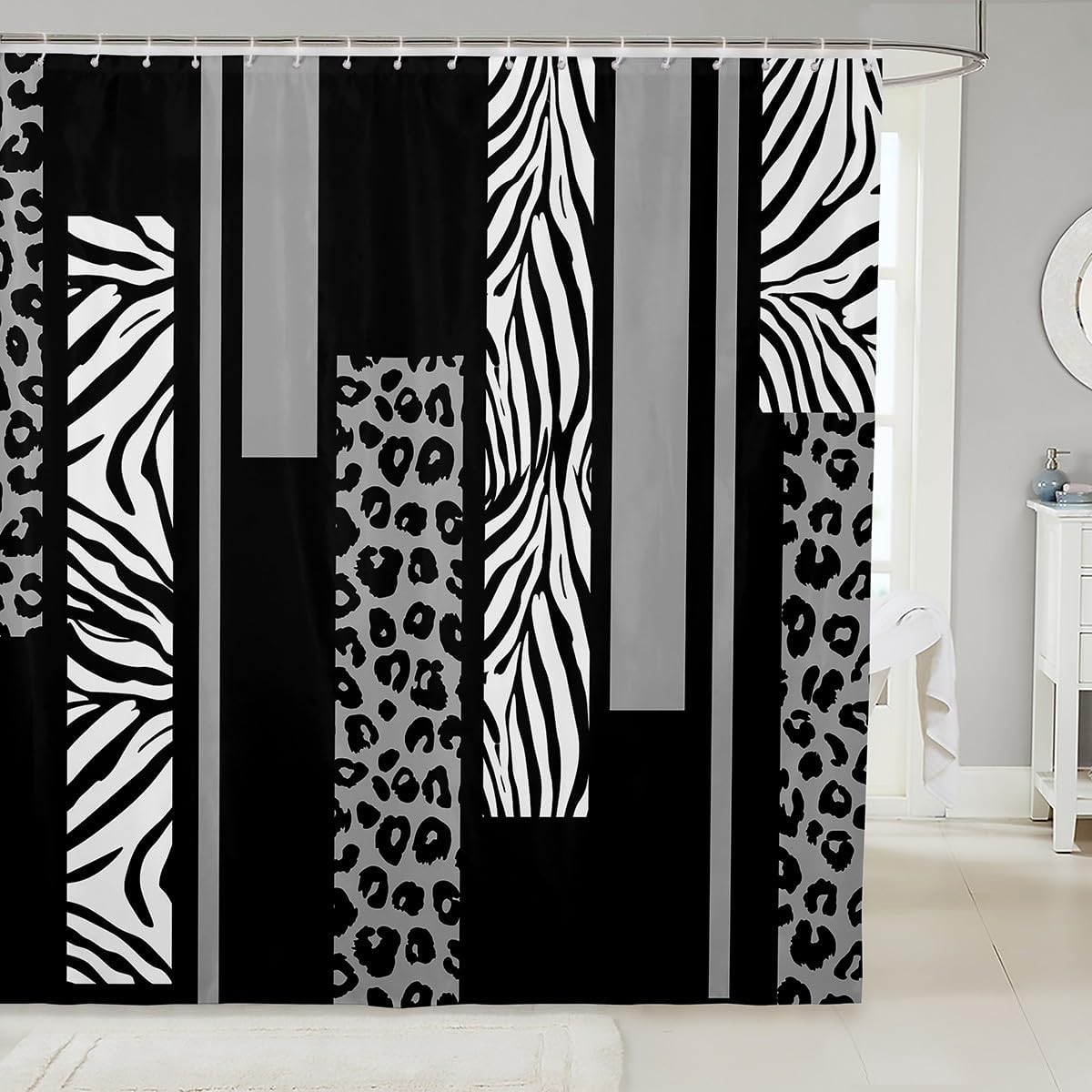 Leopard Print Shower Curtains,Cheetah Zebra Skin Geometric Patchwork Bathroom Curtains,Girls Women Room Decor,Rustic Farmhouse Black White Grey Fashion Waterproof Curtains,12 Hooks Suits,72"W x 84"L
