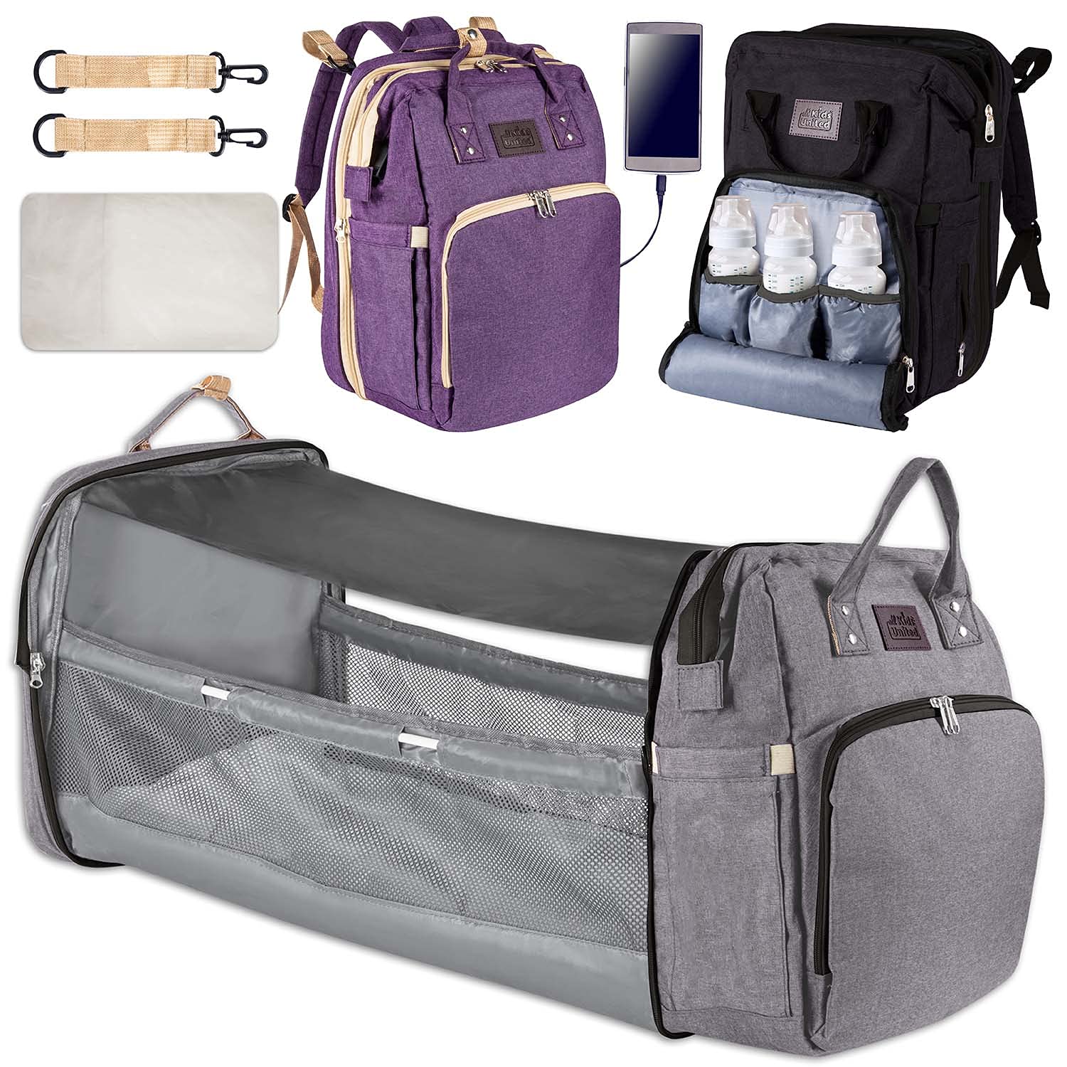 all Kids United® Baby Changing Backpack Deluxe with Cot - Juego de bolso cambiador para bebés: mochila para bebés, cambiador, cuna integrada, gancho para cochecito (Gris)