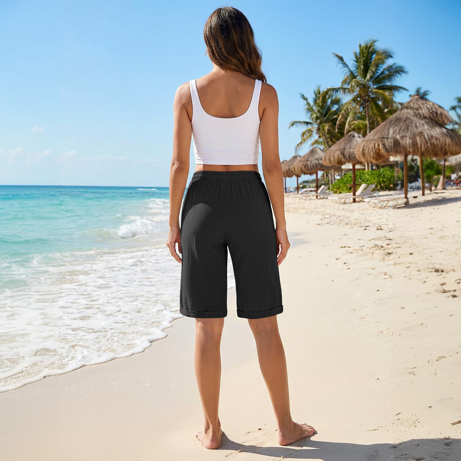 Musselin Shorts Damen Knielang mit Taschen und Kordelzug Beach Baggy Baumwoll Leinen Shorts Kurze Hosen Damen Sommer Knielang