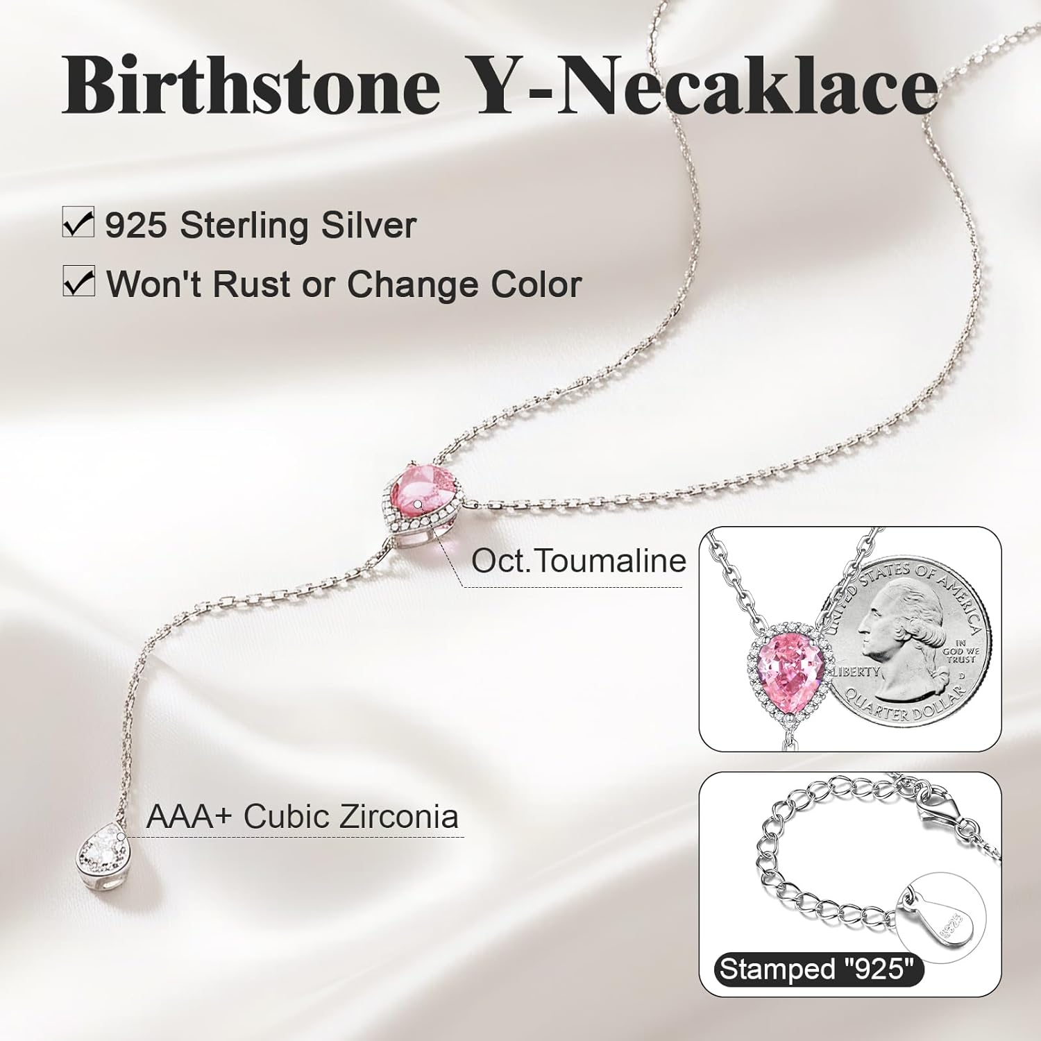 FOCALOOK 925 Sterling Silver Birthstone Long Pendant Necklace 16"-18" Y Drop Adjustable CZ Teardrop Lariat Necklaces for Women Mom Birthday Jewelry - Image 3