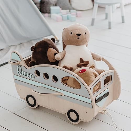 Personalized Toy Box for Kids - Plane Wood Toy Storage Organizer With Wheels - Montessori Kids Furniture Toy Box for Boys and Girls - Christmas