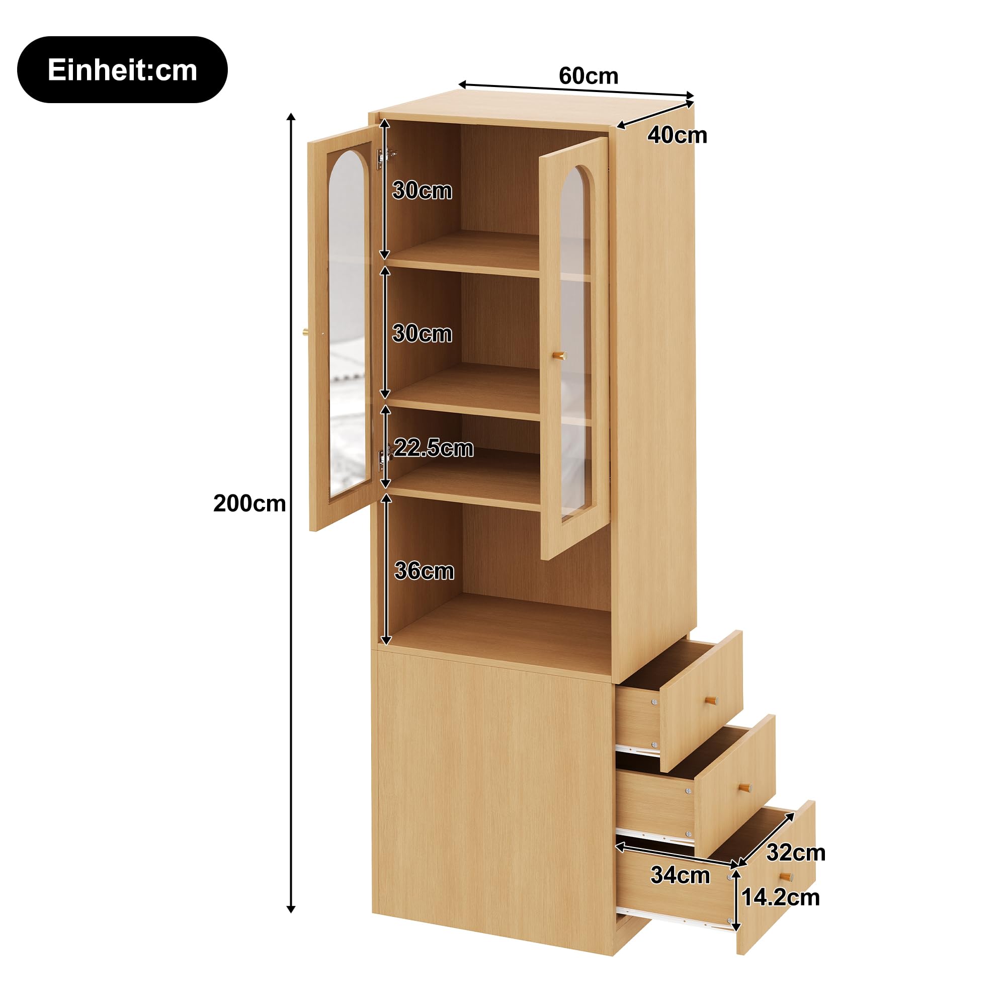 BTM Bücherschrank mit Glastüren, Vitrinenschrank mit LED & Schubladen Schmal Hochschrank Schrank Wohnzimmer, Holzoptik
