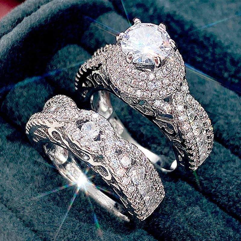 RKKOJJO 925 Sterling Silver Bridal Rings Sets AAA Cubic Zirconia CZ Full Diamond Engagements Rings Wedding 2 Pcs Promise Anniversary White Gold Rings for Women Size 73