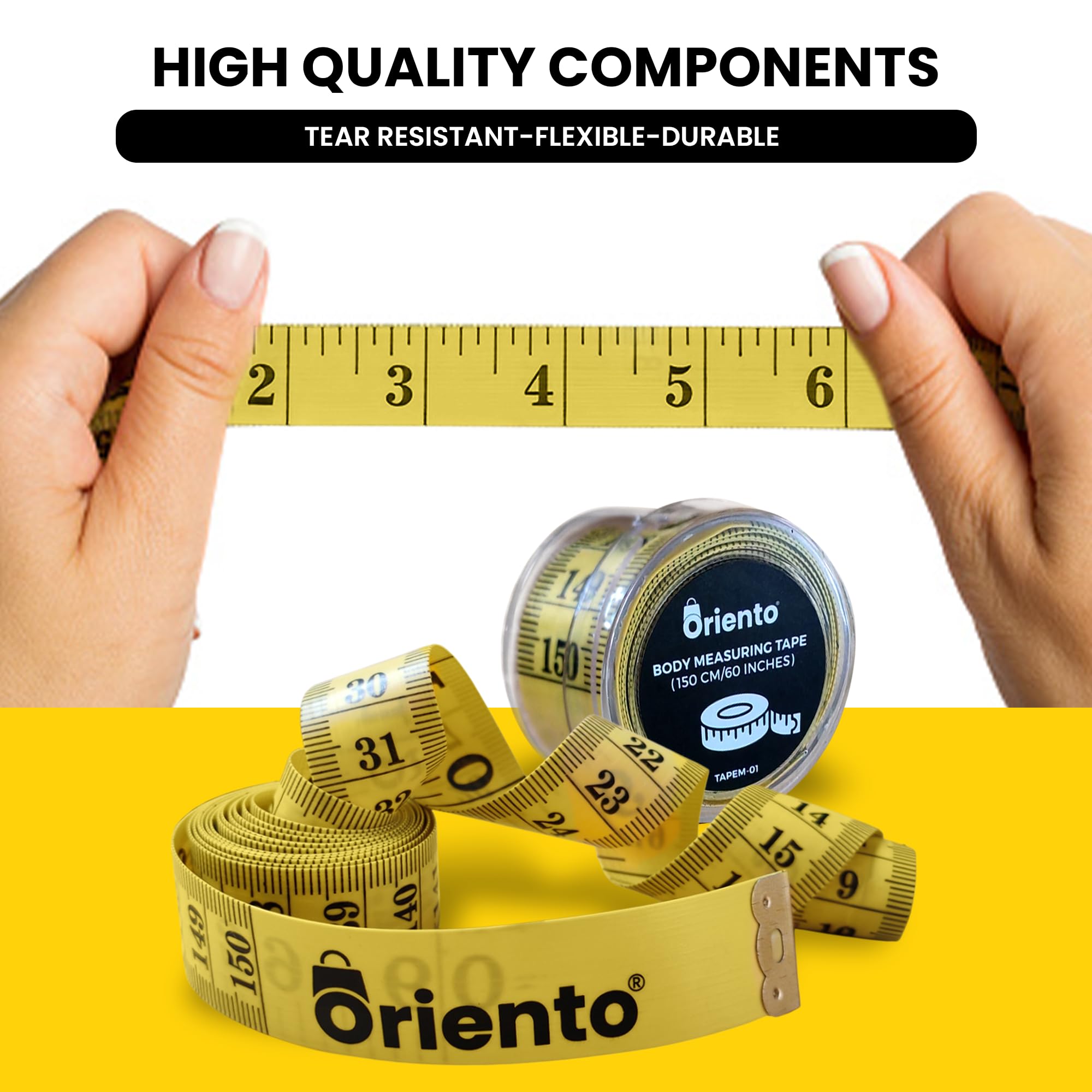 ORIENTO Mètre Ruban pour Corps et Couture 150 cm/60 Pouces, Ruban de Mesure Souple Double Face pour Mesures du Corps, Couture, Centimètres et Pouces Jaune [150 cm /60 nch]
