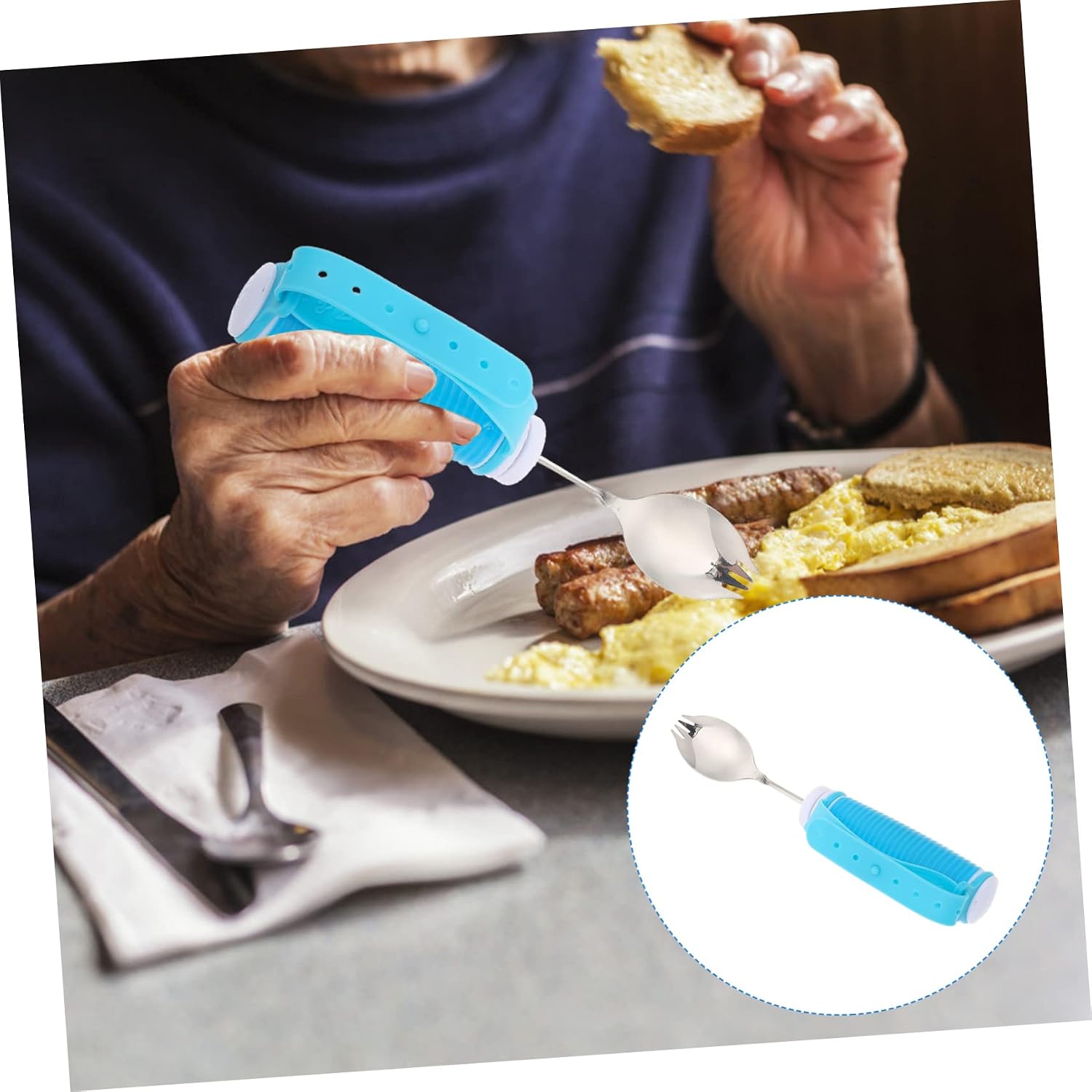 Elderly Food Aid Spoon Set Anti-Shake Cutlery for Seniors 1-Piece Adaptive Tableware for Disabled and Handicapped Use Blue