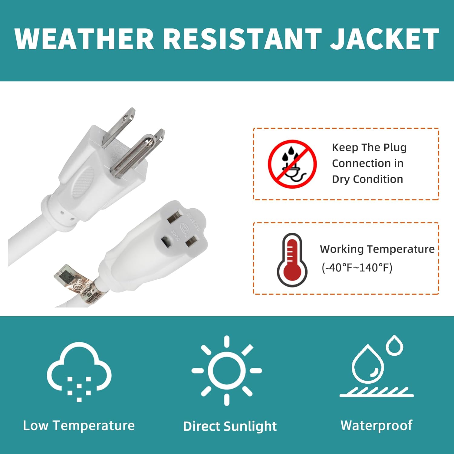 Indoor Outdoor Extension Cord Weatherproof, UL Certified, 16 Gauge 50FT White 3 Prong Heavy Duty, 16/3 SJTW 13A Power Cord for Outdoor Lights, Appliances, Lawn