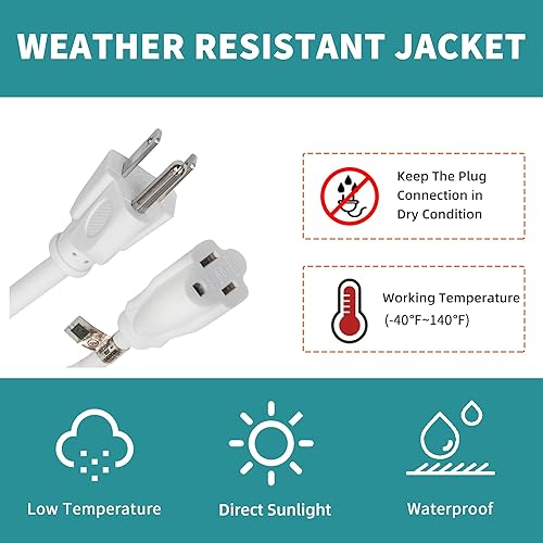 Miniatura 7 de Cable de extensión para exteriores de 30 pies, 163 SJTW, cable de extensión blanco duradero con enchufe de 3 clavijas para mayor seguridad, ideal