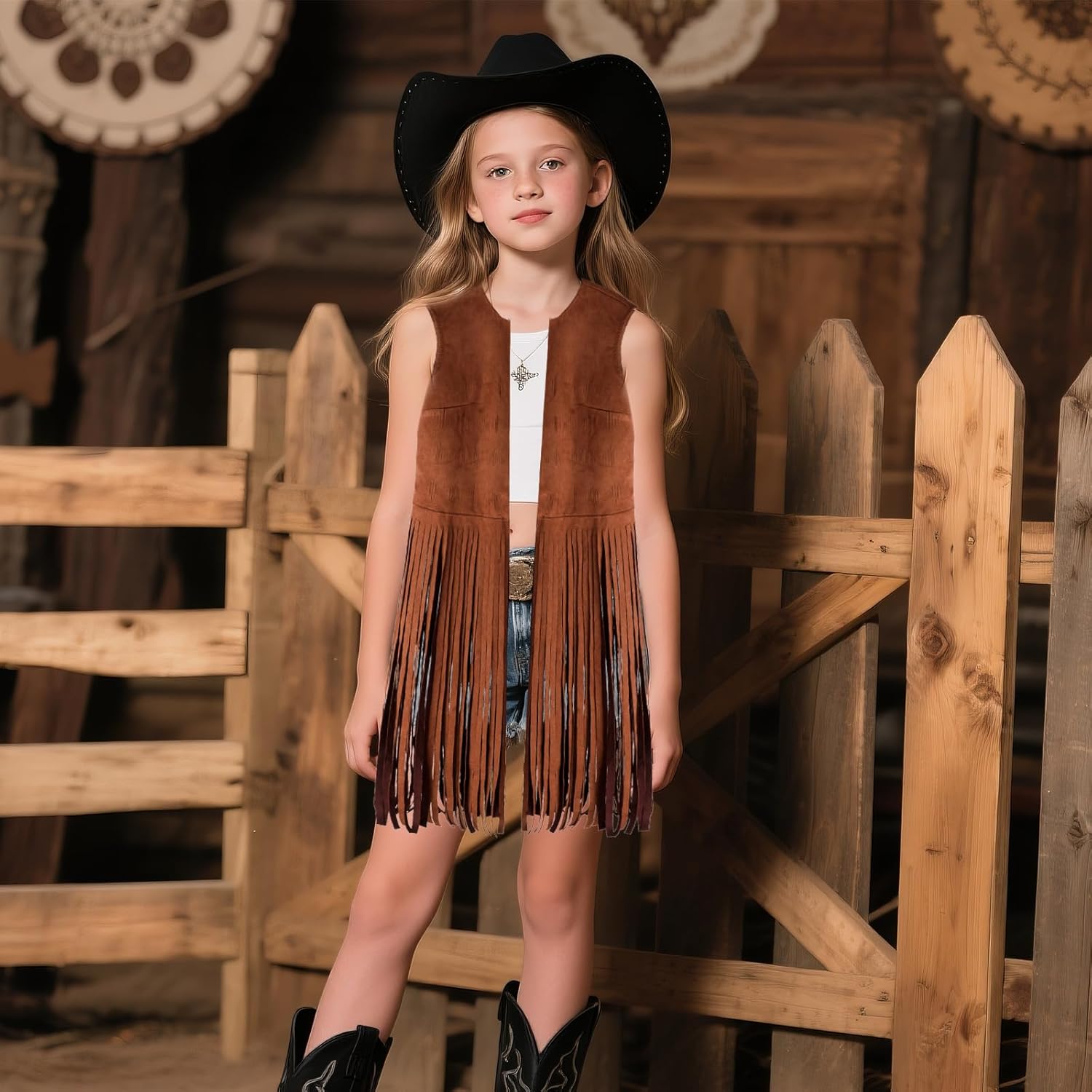 choyaxo Western Fringe Vest Faux Suede Sleeveless Cowgirl Tassel Vest for Halloween Hippie Party - Image 3
