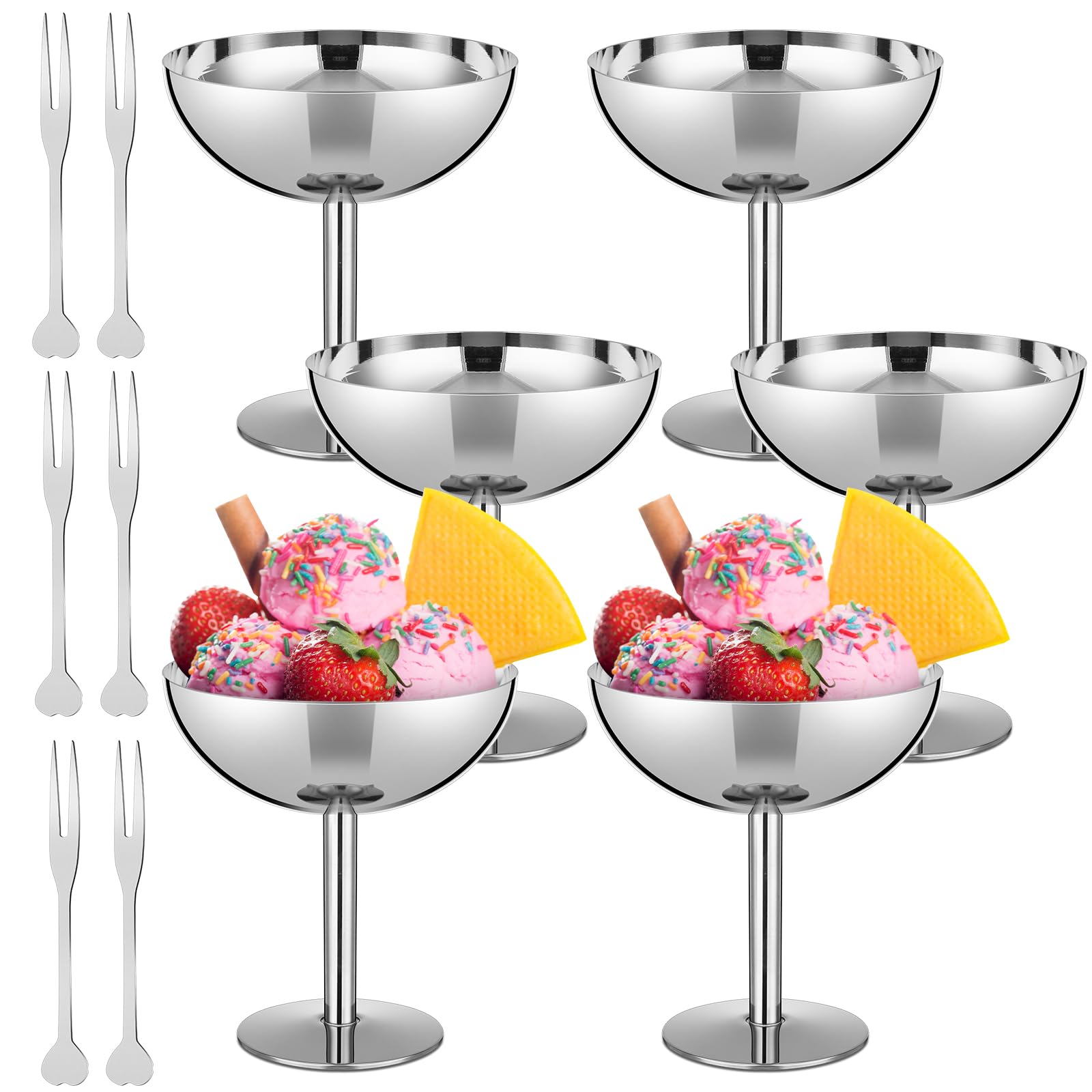 Photo 1 of Reallnaive 6 Sets Stainless Steel Ice Cream Cups Bulk Silver Dessert Bowls with Forks 6.7 oz Small Metal Footed Cup for Serving Pudding Salad Fruit Sundae Summer Birthday Party Supply