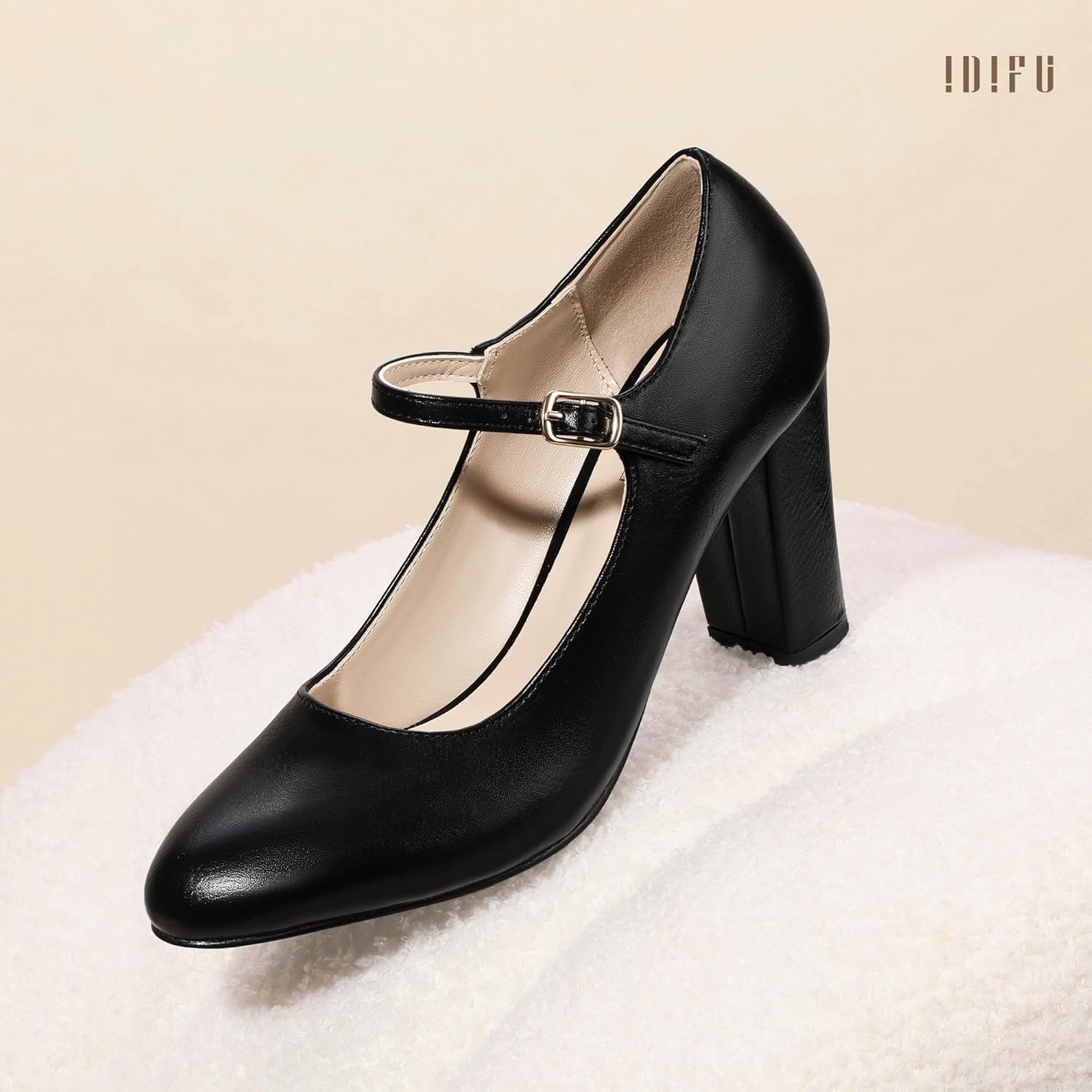 IDIFU IN4 Women's Pumps Mary Jane Dress Shoes for Women Closed Toe Heels High Chunky Block Heels Dressy Wedding Bride Prom Graduation Business Heels Comfortable Formal Vintage Round Toe Pumps Shoes