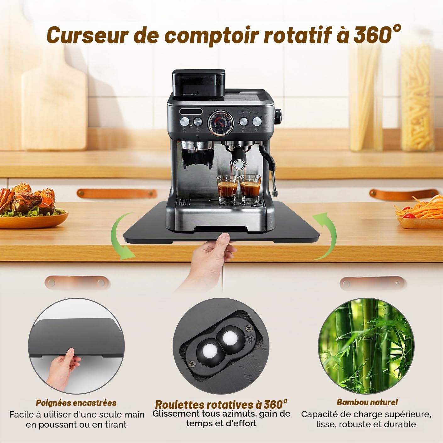 Plateau coulissant à 360° pour machine à café, plateau coulissant en bambou pour plan de travail, tapis coulissant pour appareils de cuisine pour machines à expresso noir, 33 x 40 cm