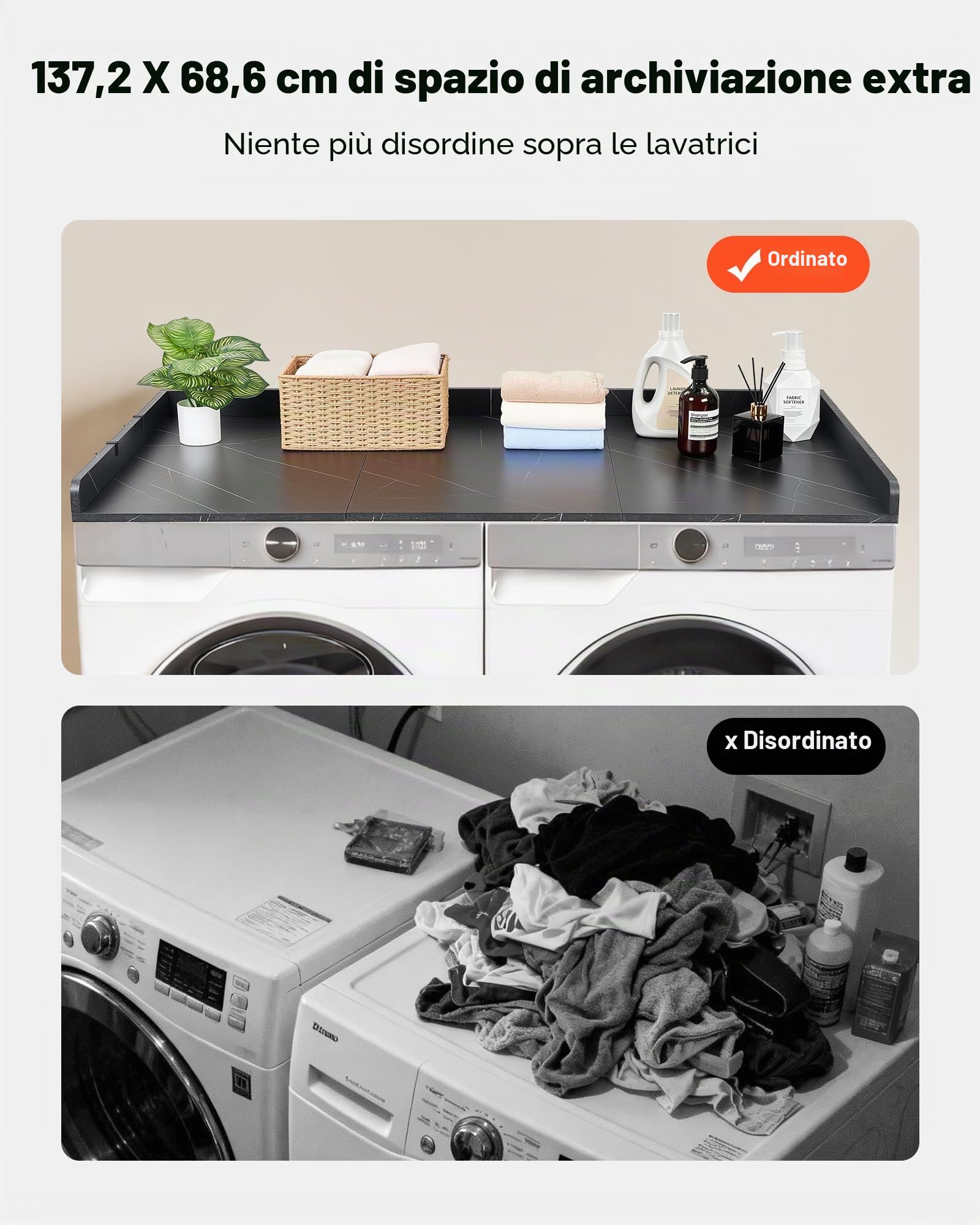 VEVOR Piano di Lavoro per Lavatrice e Asciugatrice 137x69,9 cm, Piano d'Appoggio per Lavatrice con Bordi Rialzati e Ganci, Struttura in Legno per Zona Lavanderia, Ampia Superficie, Effetto Marmo Nero