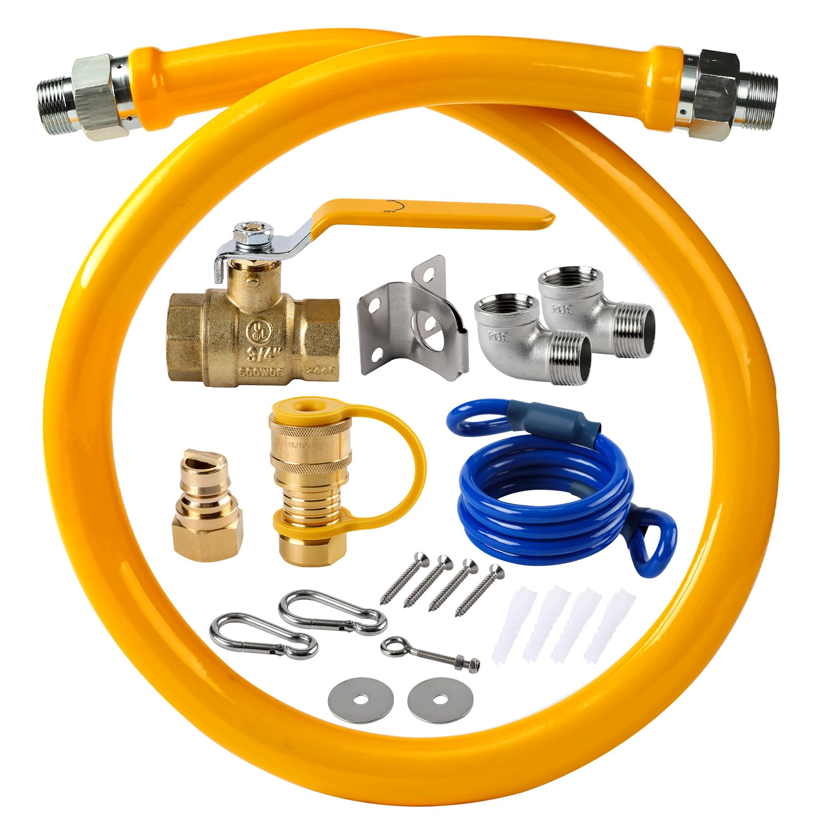 1675kit48 - Manguera de línea de gas para cocina comercial, línea flexible de gas de 3/4 pulgadas, kit de conector de manguera de gas móvil de 48 pulgadas con 2 codos, amarillo