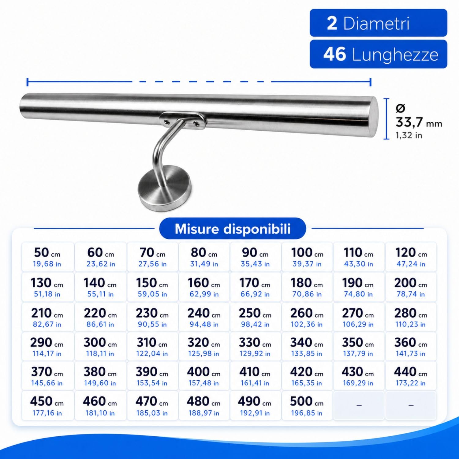 INOXLM Corrimano per scale in acciaio inox AISI 304 ⌀ 33,7 mm, rampa scala finitura satinata Made in Italy, guardia corpo scala per interni ed esterni (170 cm)