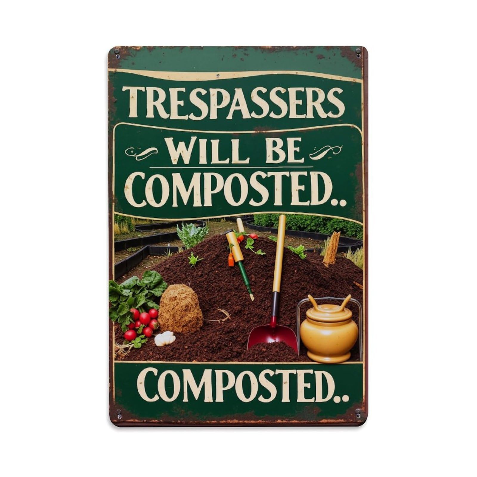 Trespassers Will Be Composted Vintage Tin Sign Retro Metal Wall Decor Metal Poster, Home Bar Garage Farmhouse Cafe Wall Art Decoration 8x12Inches