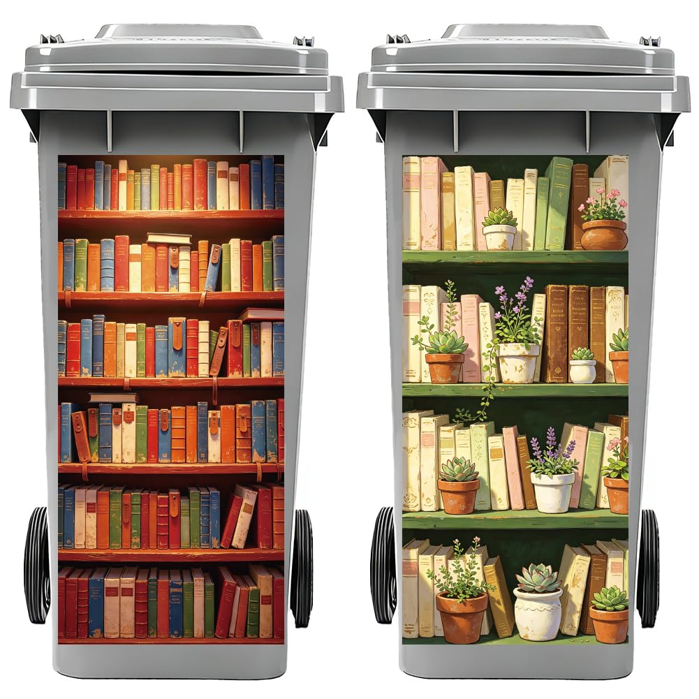 Peacoblue 2Pcs Wheelie Bin Stickers Shelf with Books for Dustbin Decor — image 1
