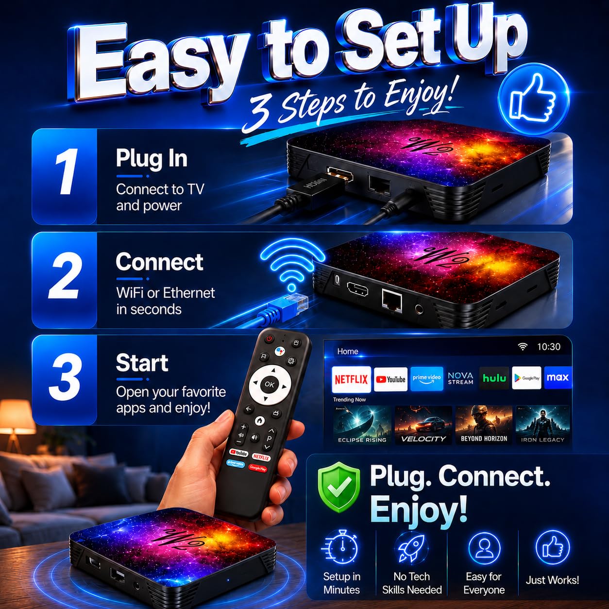 Caja Android TV 2026 v14, 8K, 4GB RAM + 128GB ROM, GPU Mali-G31, WiFi Doble Banda 2.4G/5G y Bluetooth 5.0, Puertos USB 2.0/3.0 y HDMI, Caja Inteligente sin miniteclado, reproducción 3D