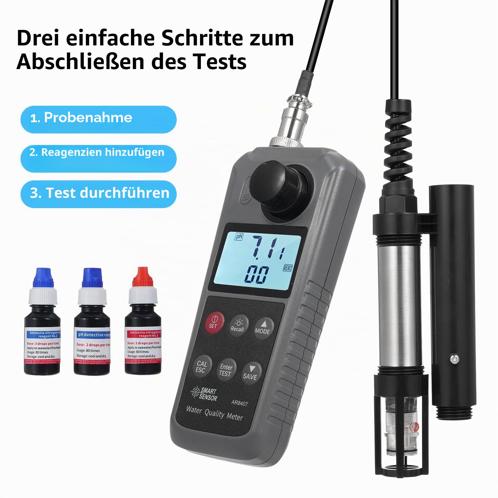 6-in-1 Digitaler Tester für gelösten Sauerstoff, Wasserqualitätsdetektor, pH-Wert, Temperatur, Ammoniak, Stickstoff, giftiges Ammoniak, Nitrit, Messgerät für gelösten Sauerstoff,.
